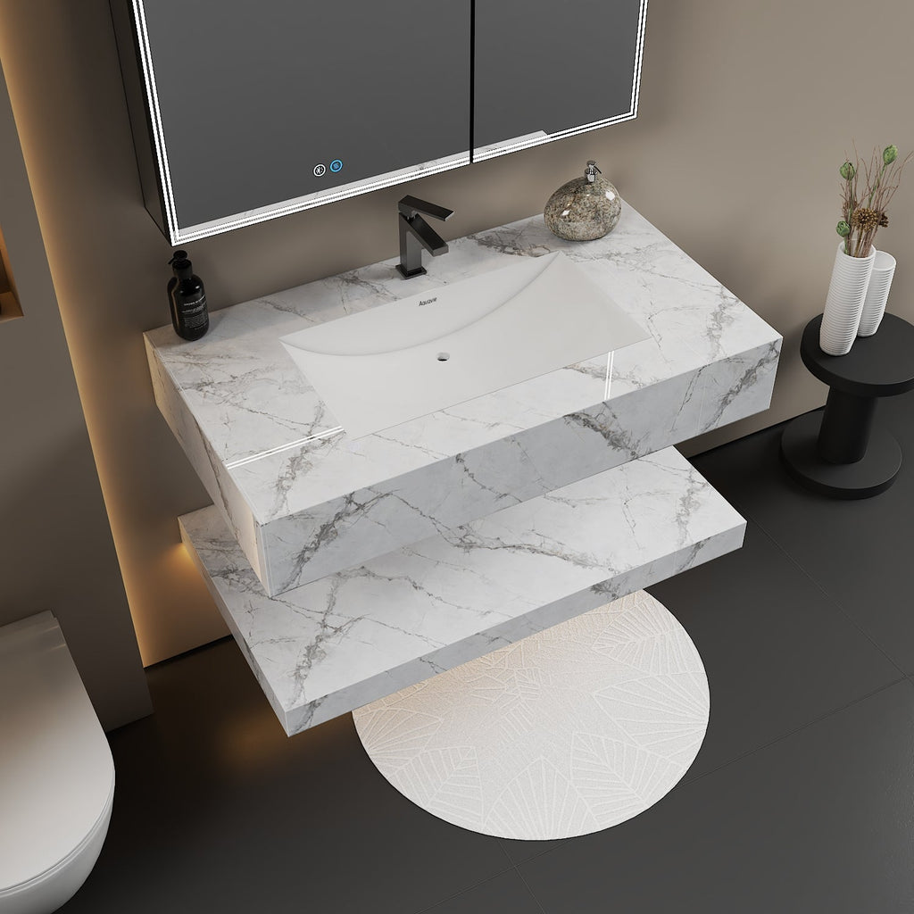 30", 40", 48" Hotel Style Ice Grey Floating Vanity – Marble - Look Stone - Vanity40 Inch NeoNova Decor