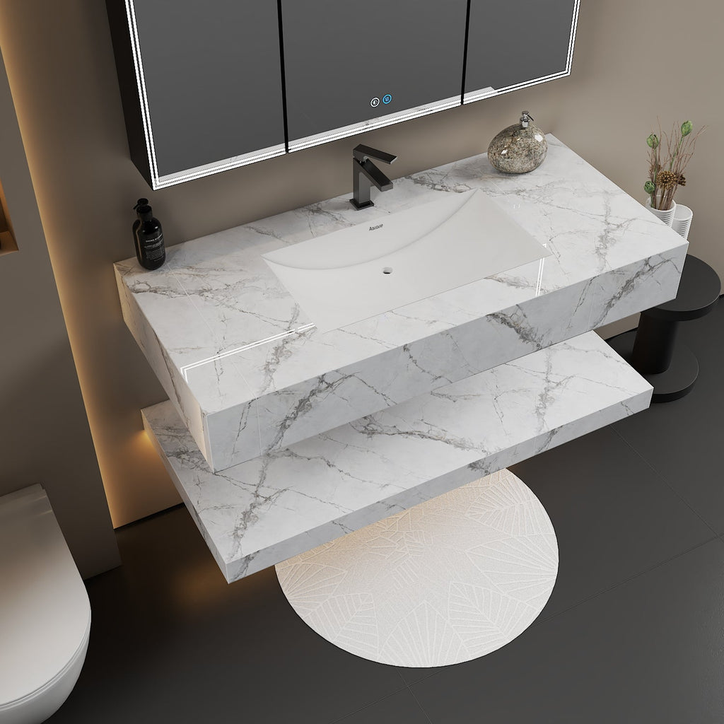 30", 40", 48" Hotel Style Ice Grey Floating Vanity – Marble - Look Stone - Vanity48 Inch NeoNova Decor