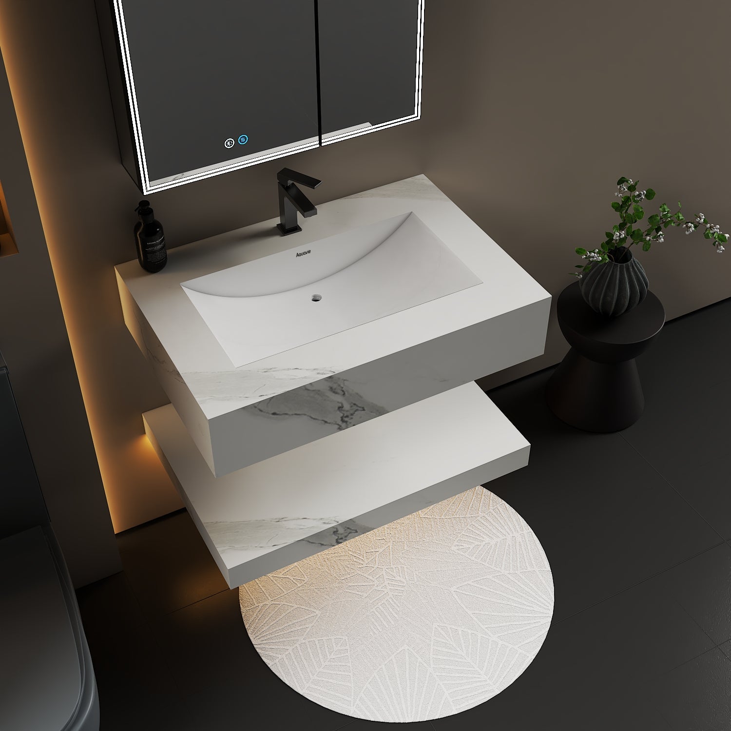 30" Hotel Style White Carrara Floating Vanity – Marble - Look Stone - Vanity32 inch NeoNova Decor