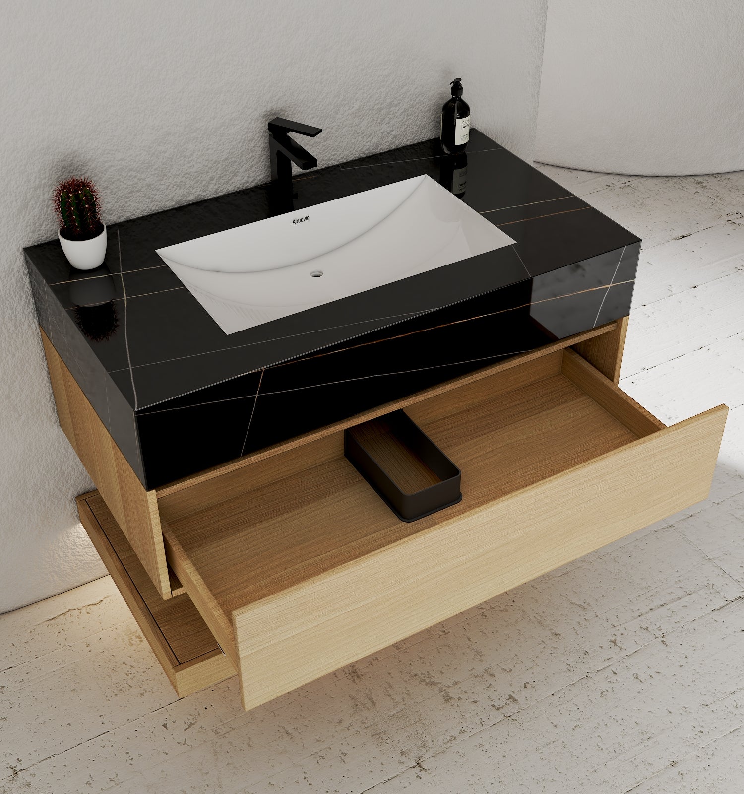 32", 36", 40" Sintered Stone Top with Hotel - Style Floating Bathroom Vanity - VanityBlack Marquina Gold Veins NeoNova Decor