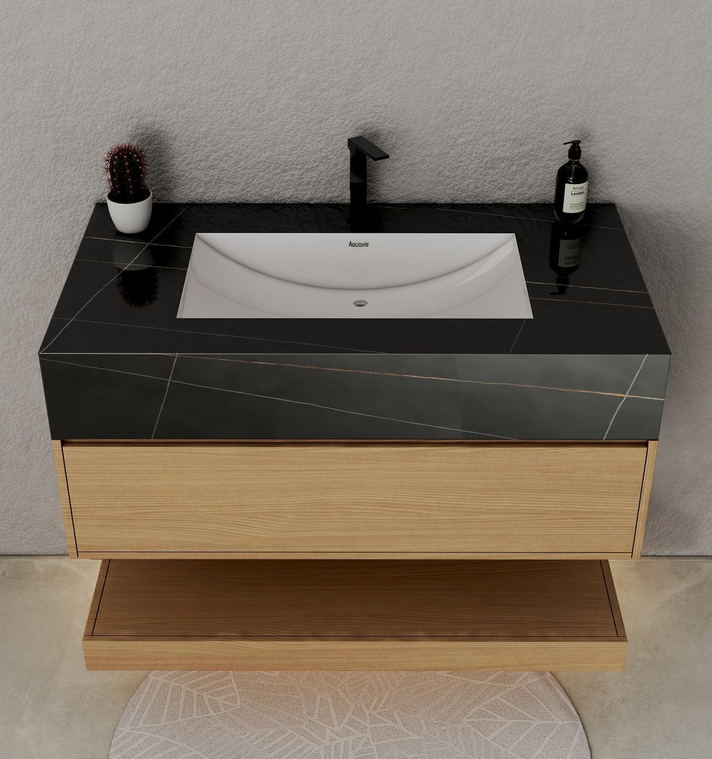 32", 36", 40" Sintered Stone Top with Hotel - Style Floating Bathroom Vanity - VanityBlack Marquina Gold Veins NeoNova Decor