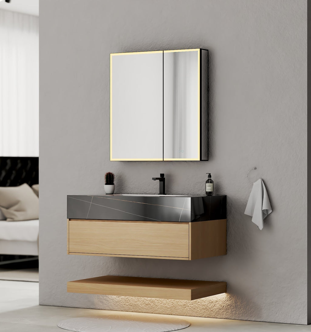 32" & 40" Sintered Stone Top with Hotel - Style Floating Bathroom Vanity - VanityBlack Marquina Gold Veins NeoNova Decor
