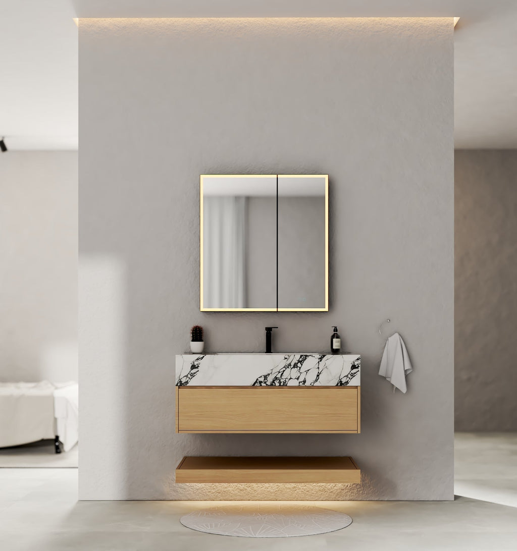 32" & 40" Sintered Stone Top with Hotel - Style Floating Bathroom Vanity - VanityBlack Marquina Gold Veins NeoNova Decor