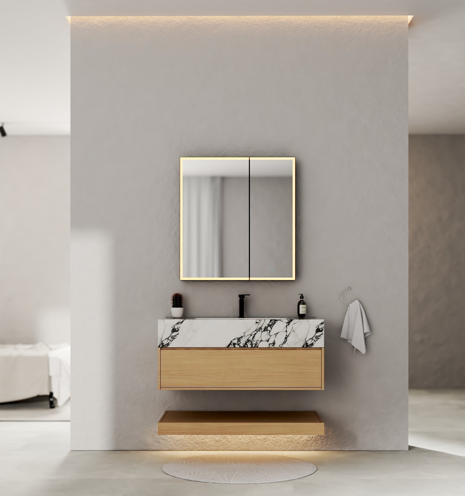 32" & 40" Sintered Stone Top with Hotel - Style Floating Bathroom Vanity - VanityBlack Marquina Gold Veins NeoNova Decor