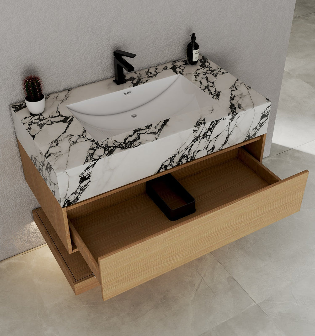 32" & 40" Sintered Stone Top with Hotel - Style Floating Bathroom Vanity - VanityBlack Marquina Gold Veins NeoNova Decor