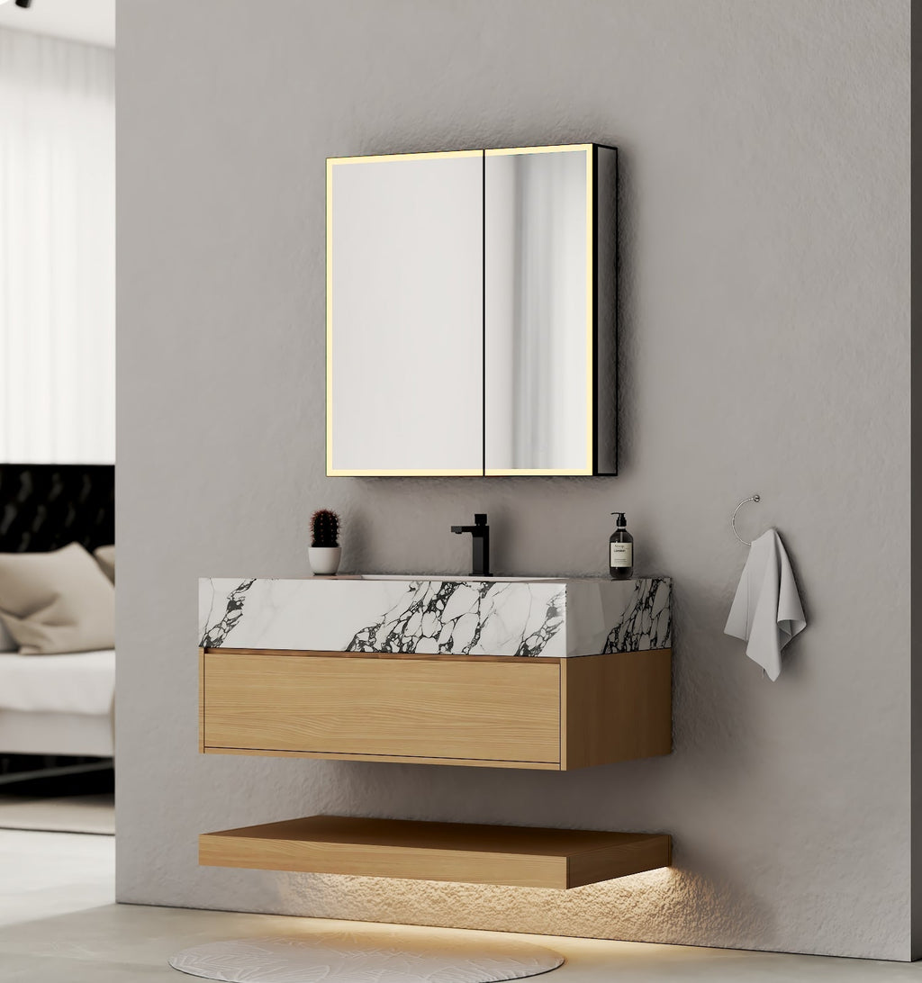 32" & 40" Sintered Stone Top with Hotel - Style Floating Bathroom Vanity - VanityBlack Marquina Gold Veins NeoNova Decor