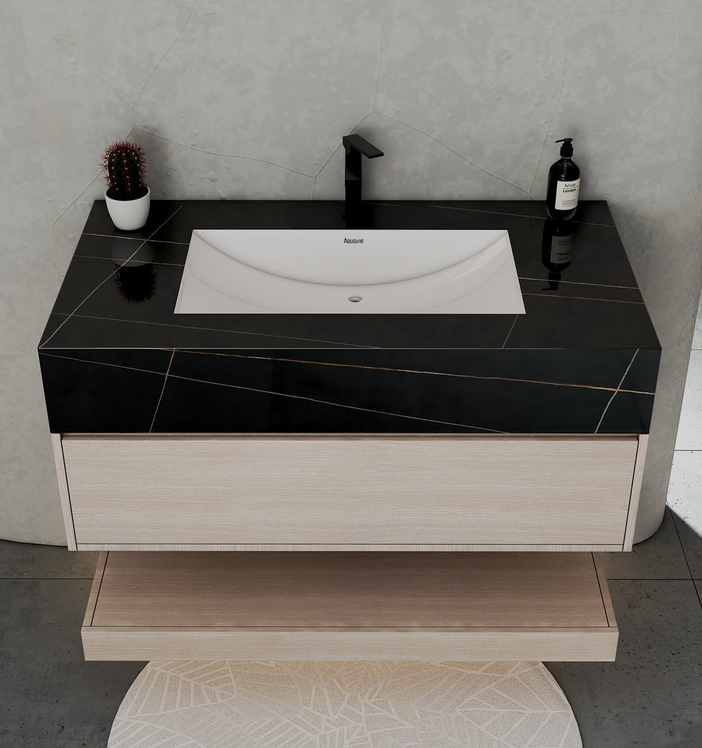 32" & 40" Sintered Stone Top with Hotel - Style Floating Bathroom Vanity - VanityBlack Marquina Gold Veins NeoNova Decor
