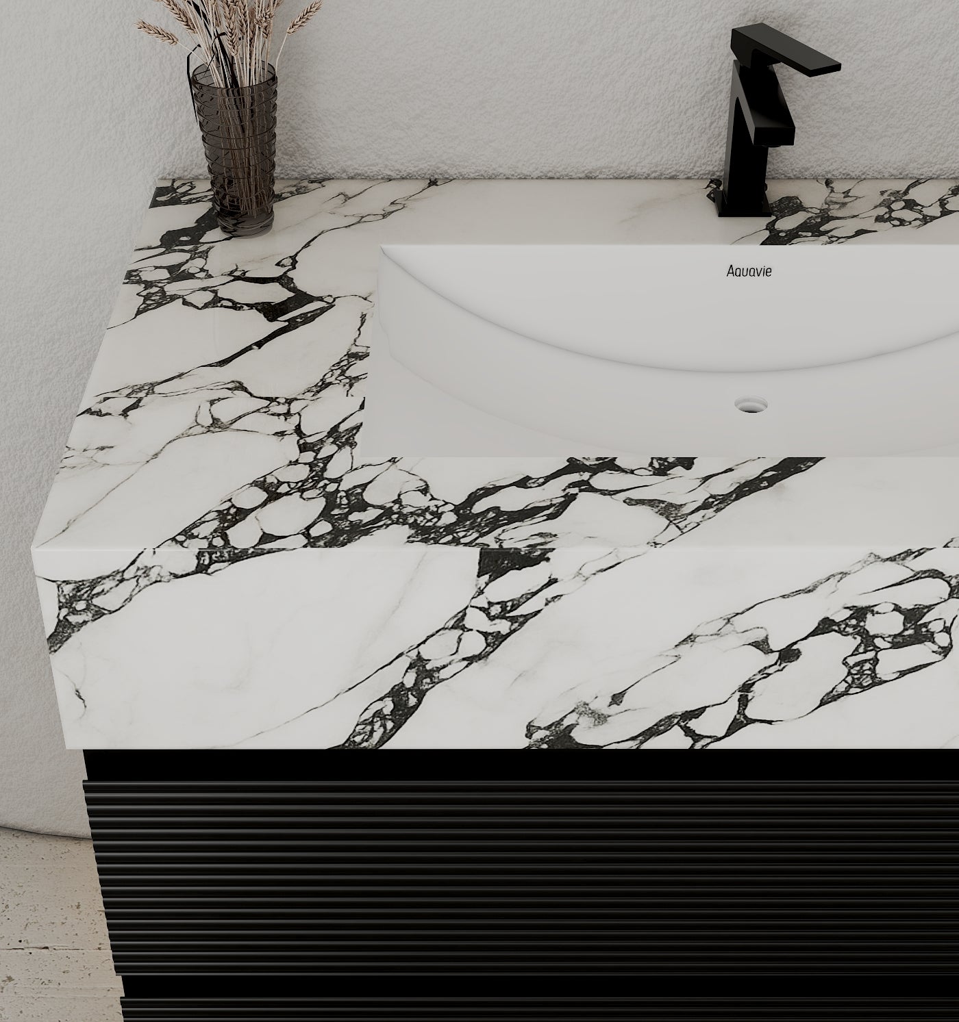 32–48" Black Fluted Floating Vanity with Seamless Stone Sink - Vanitycalacatta black NeoNova Decor