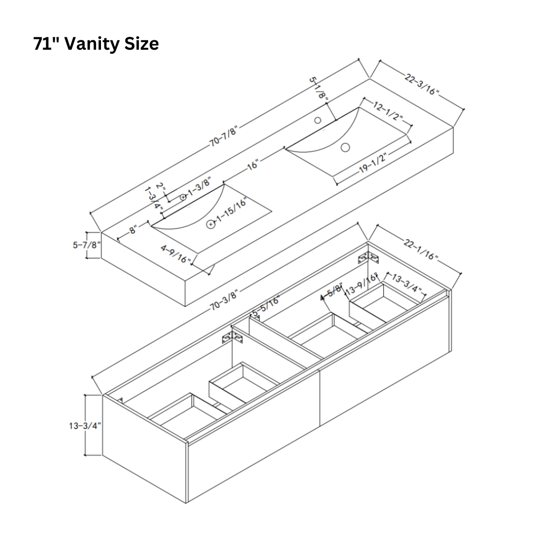 71'' Double Sink Stone Top with Single Floating Bathroom Vanity