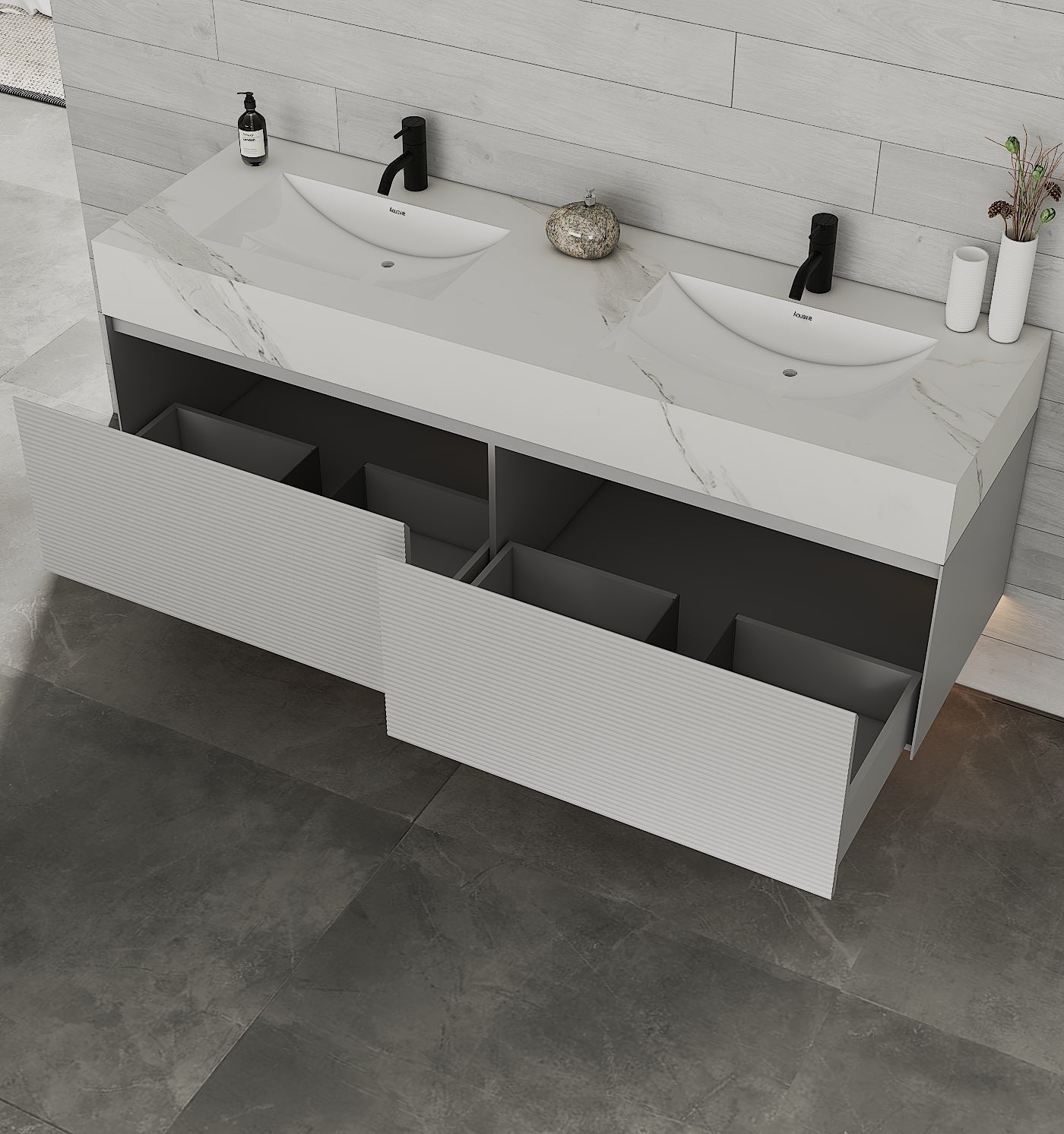 Modern fluted bathroom vanity 71 inch with double sinks and Blum hinges