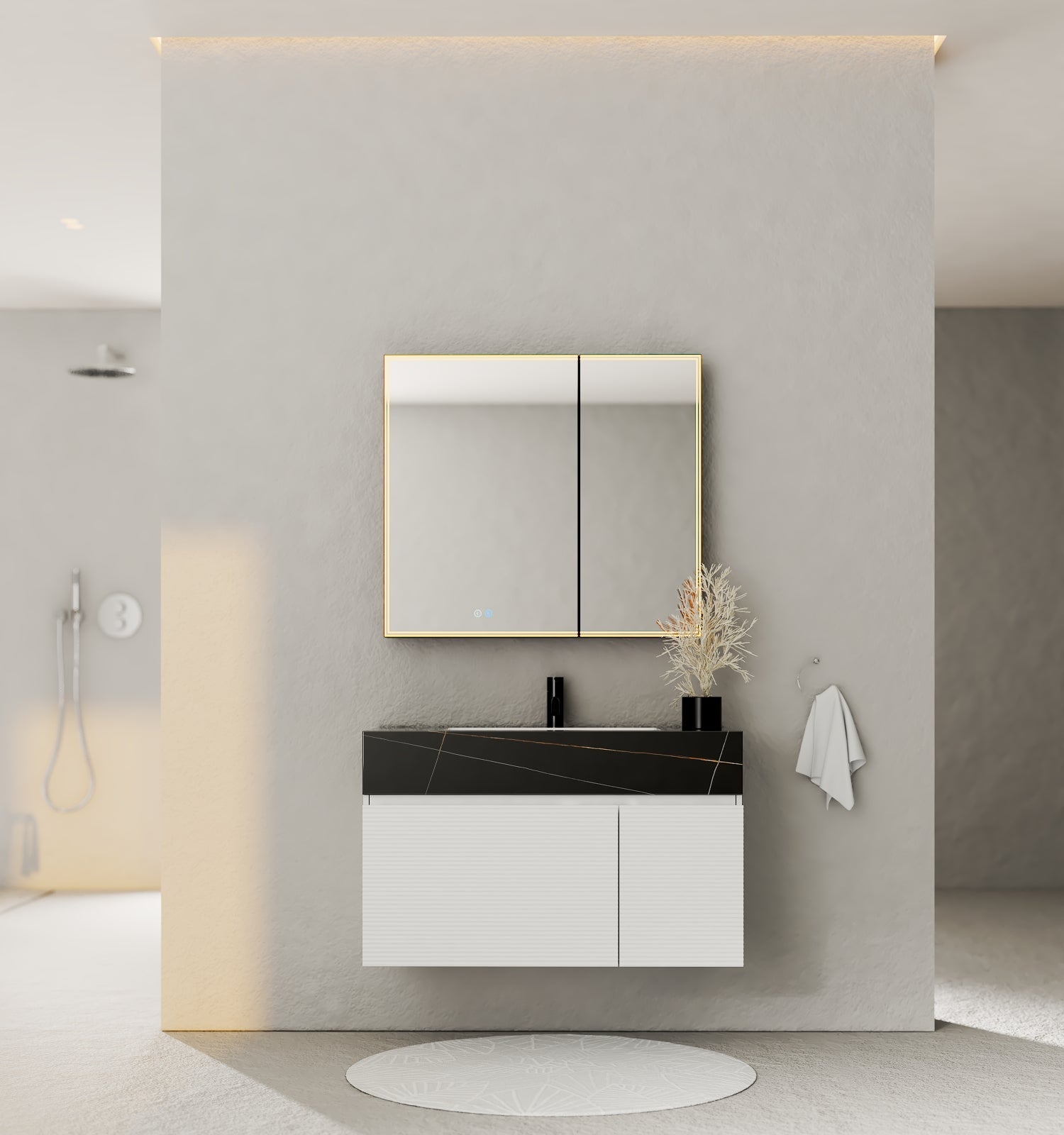 40''/48'' Seamless Stone Top with White Fluted Engineered Wood Floating Bathroom Vanity - Vanity48"x21.5" NeoNova Decor