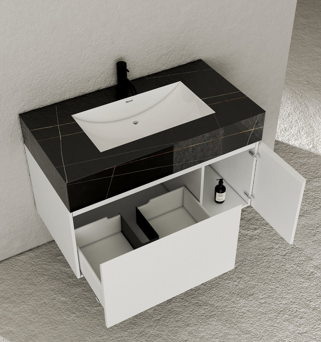 40''/48'' Seamless Stone Top with White Fluted Engineered Wood Floating Bathroom Vanity - Vanity48"x21.5" NeoNova Decor