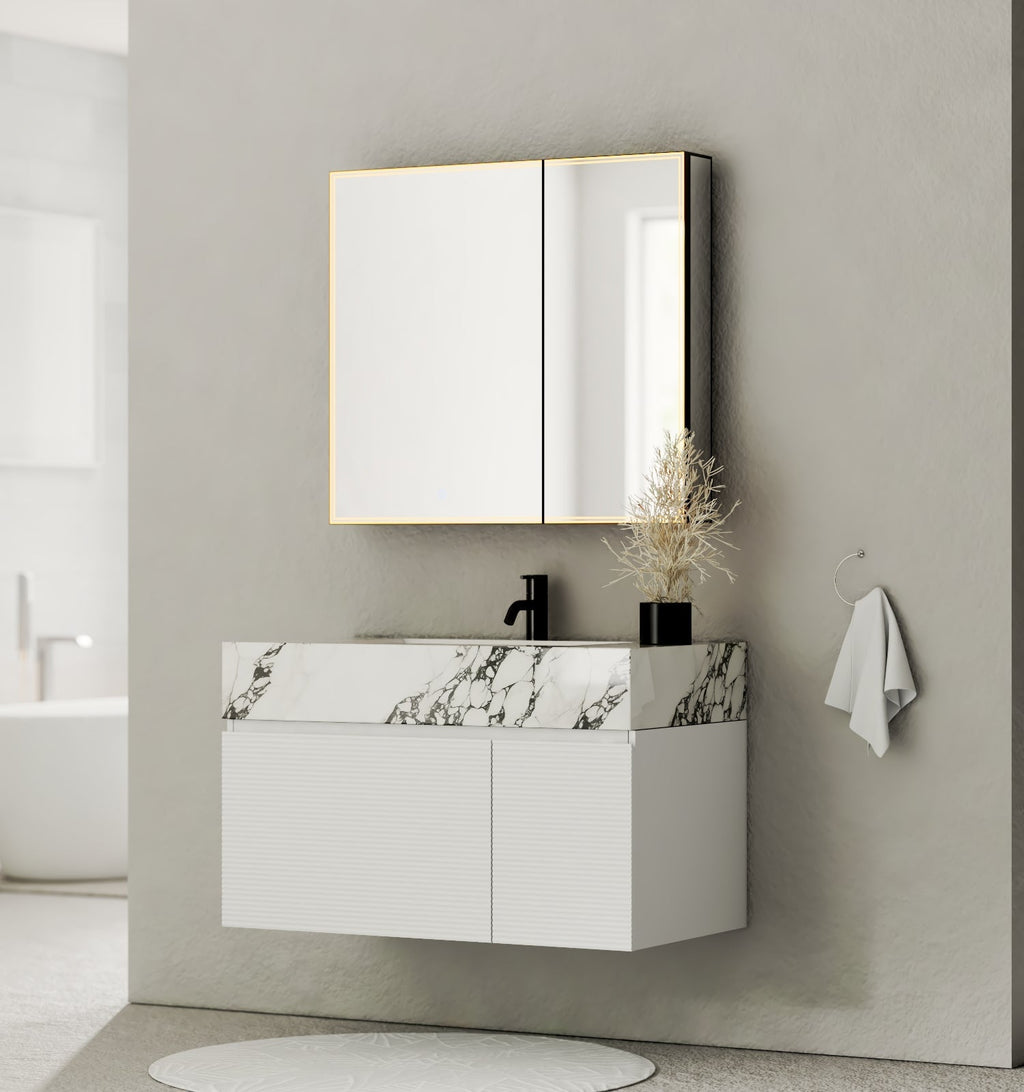 40''/48'' Seamless Stone Top with White Fluted Engineered Wood Floating Bathroom Vanity - Vanity48"x21.5" NeoNova Decor