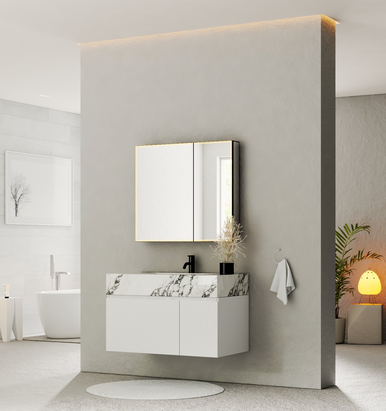 40''/48'' Seamless Stone Top with White Fluted Engineered Wood Floating Bathroom Vanity - Vanity48"x21.5" NeoNova Decor