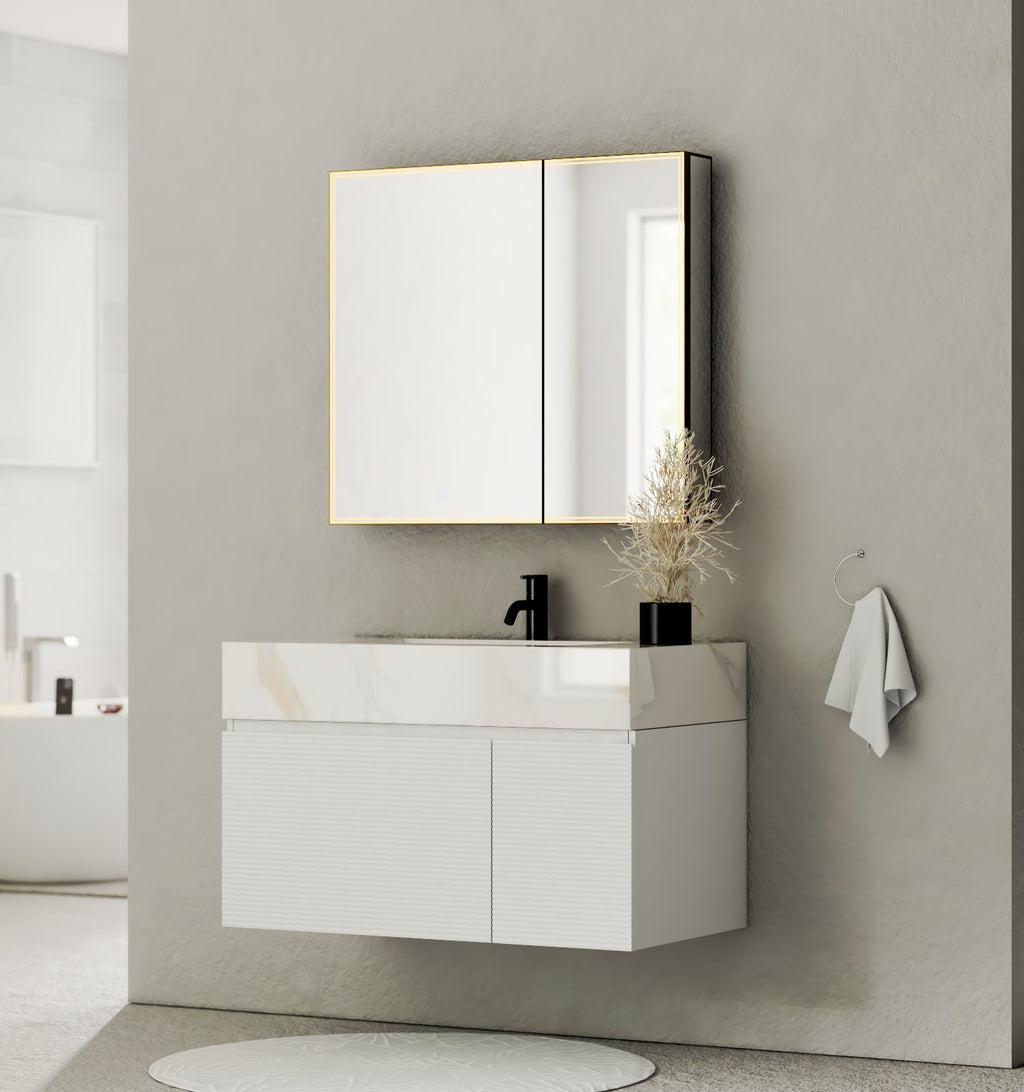 40''/48'' Seamless Stone Top with White Fluted Engineered Wood Floating Bathroom Vanity - Vanity48"x21.5" NeoNova Decor