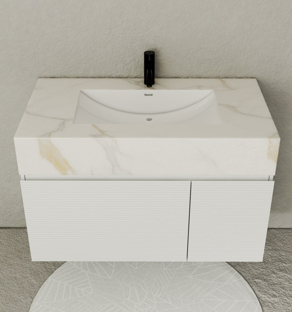 40''/48'' Seamless Stone Top with White Fluted Engineered Wood Floating Bathroom Vanity - Vanity48"x21.5" NeoNova Decor