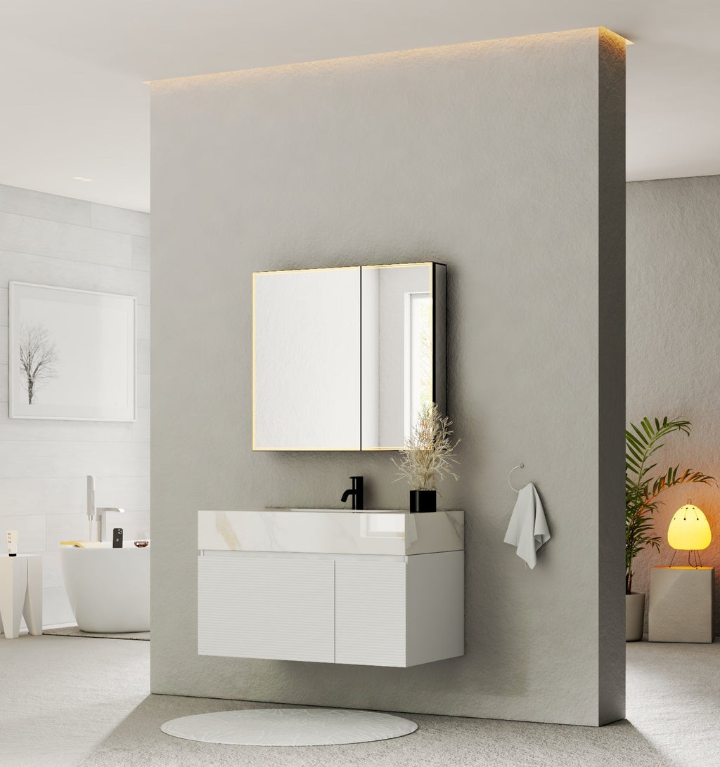 40''/48'' Seamless Stone Top with White Fluted Engineered Wood Floating Bathroom Vanity - Vanity48"x21.5" NeoNova Decor