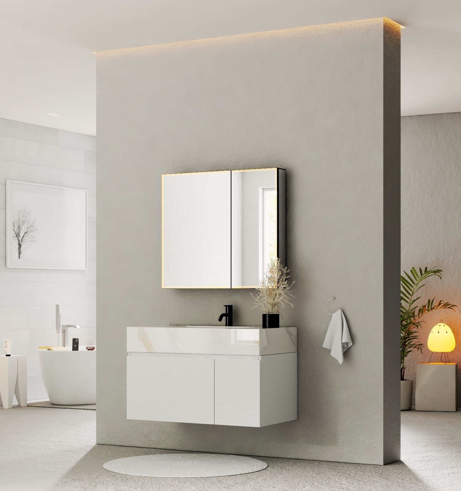 40''/48'' Seamless Stone Top with White Fluted Engineered Wood Floating Bathroom Vanity - Vanity48"x21.5" NeoNova Decor