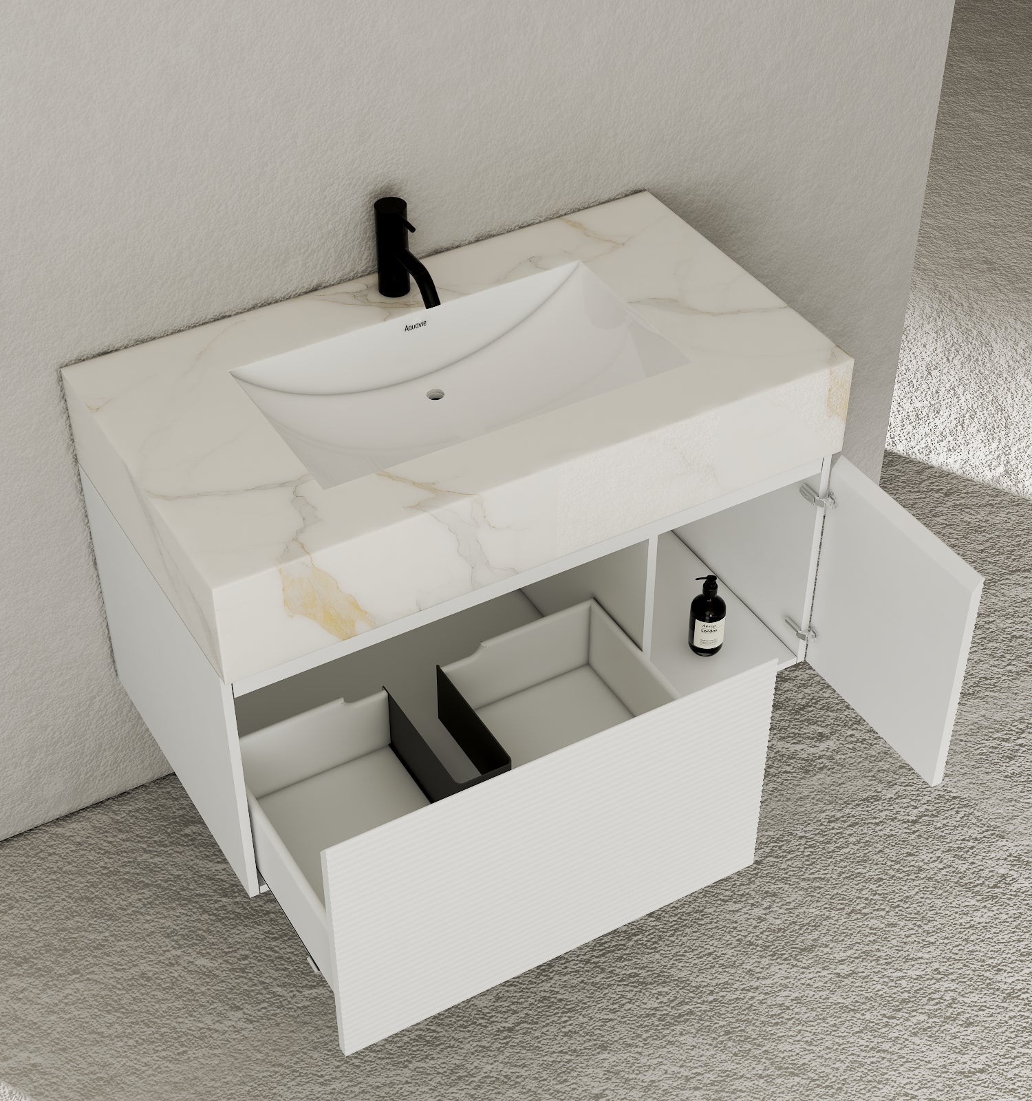 40''/48'' Seamless Stone Top with White Fluted Engineered Wood Floating Bathroom Vanity - Vanity48"x21.5" NeoNova Decor