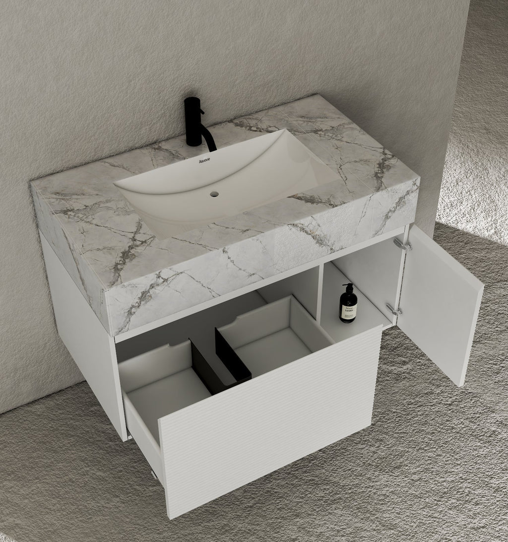 40''/48'' Seamless Stone Top with White Fluted Engineered Wood Floating Bathroom Vanity - Vanity48"x21.5" NeoNova Decor