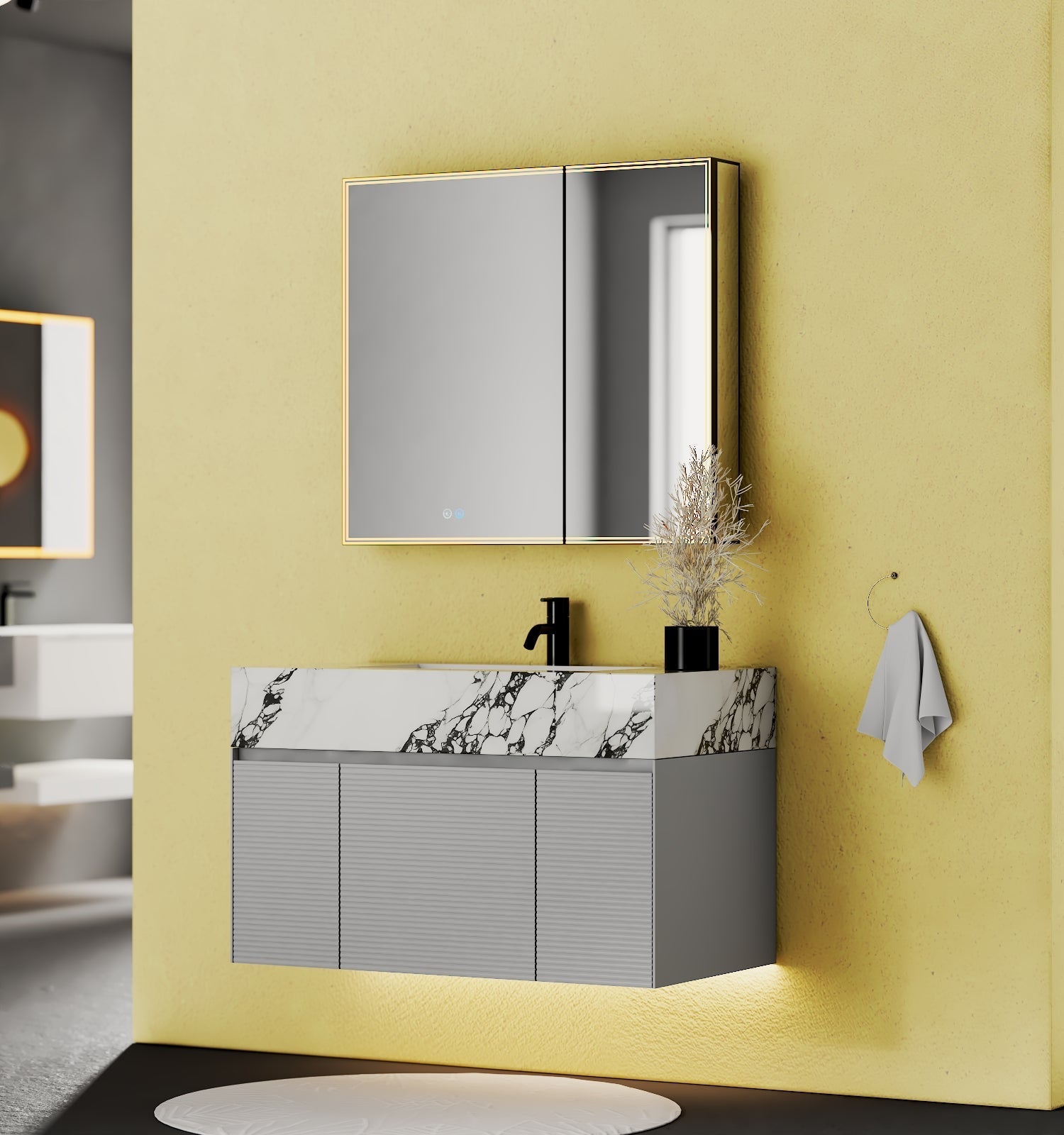 40''/48'' Stone Top with Light Gray Engineered Wood Floating Bathroom Vanity - Vanity40"x22" NeoNova Decor