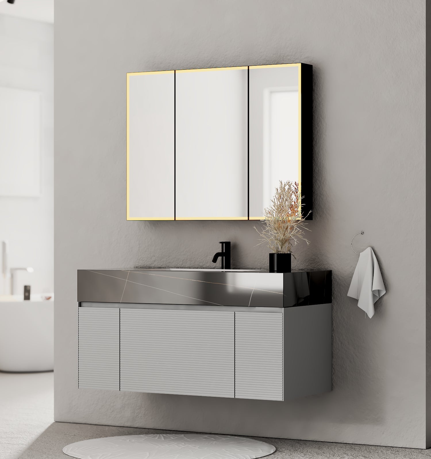 40''/48'' Stone Top with Light Gray Engineered Wood Floating Bathroom Vanity - Vanity48"x22" NeoNova Decor