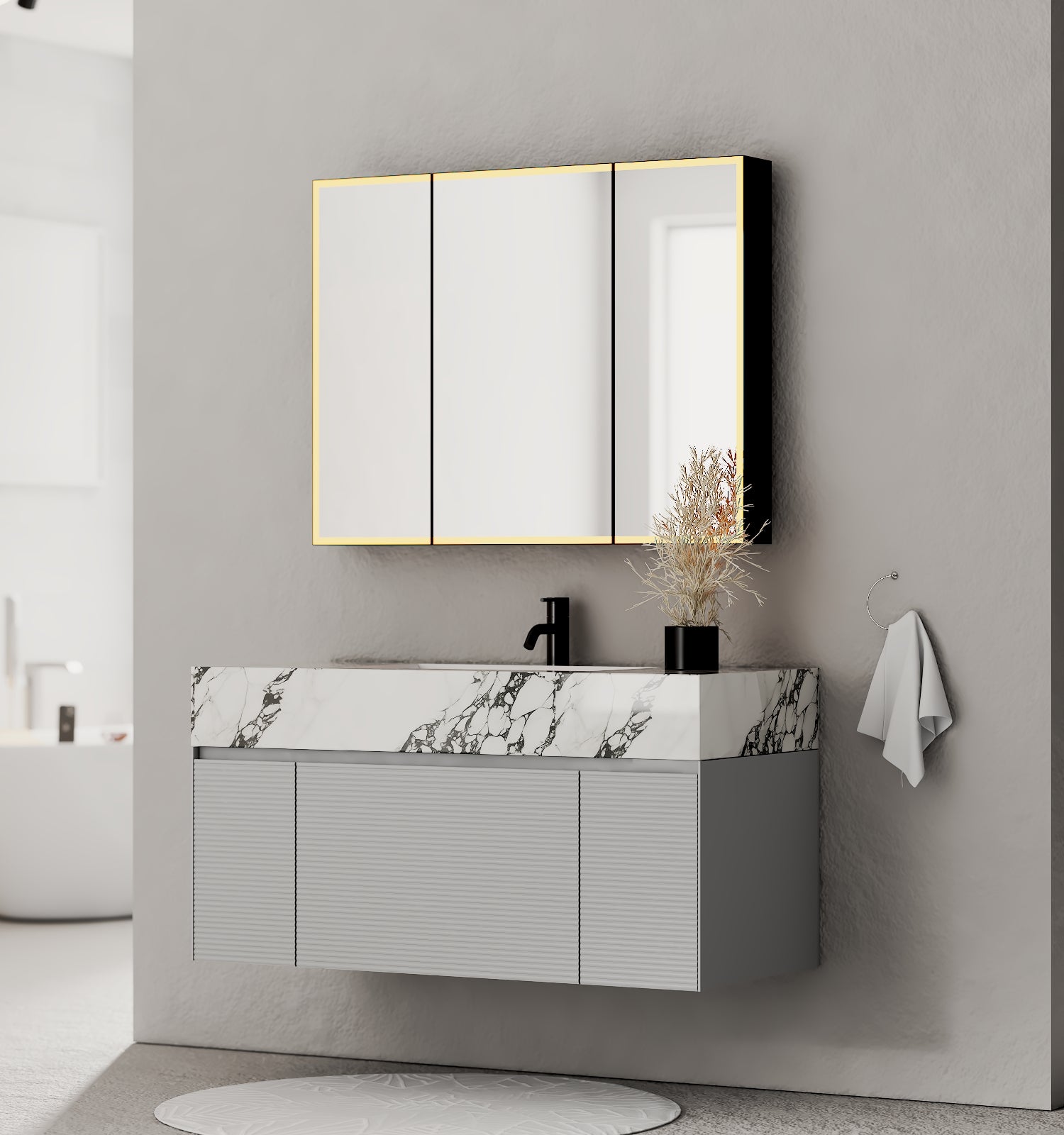 40''/48'' Stone Top with Light Gray Engineered Wood Floating Bathroom Vanity - Vanity48"x22" NeoNova Decor