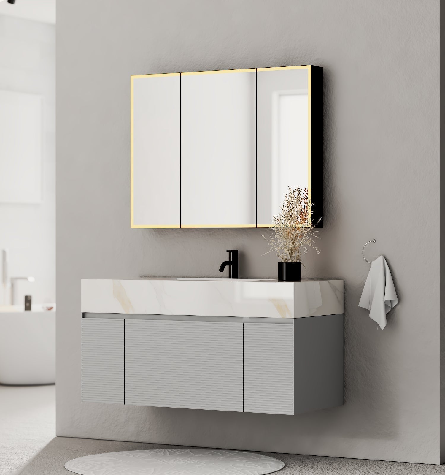 40''/48'' Stone Top with Light Gray Engineered Wood Floating Bathroom Vanity - Vanity48"x22" NeoNova Decor