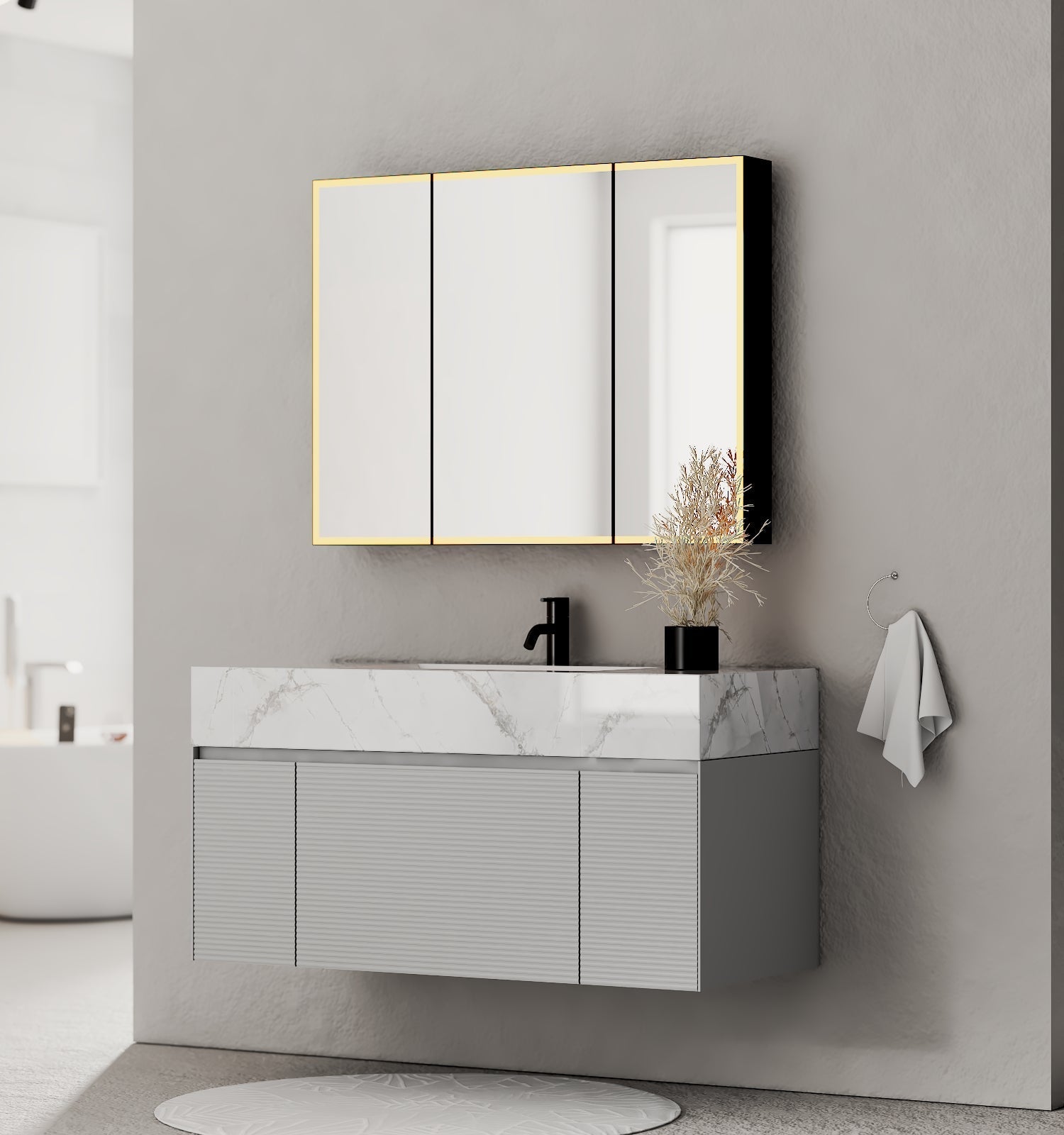 40''/48'' Stone Top with Light Gray Engineered Wood Floating Bathroom Vanity - Vanity48"x22" NeoNova Decor