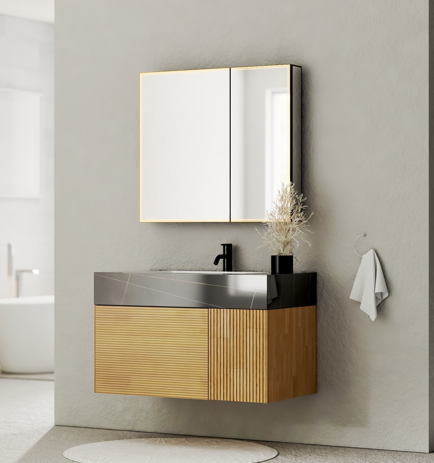 40''/48'' Stone Top with Oak Engineered Wood Floating Bathroom Vanity - Vanity40"x 21.5" NeoNova Decor