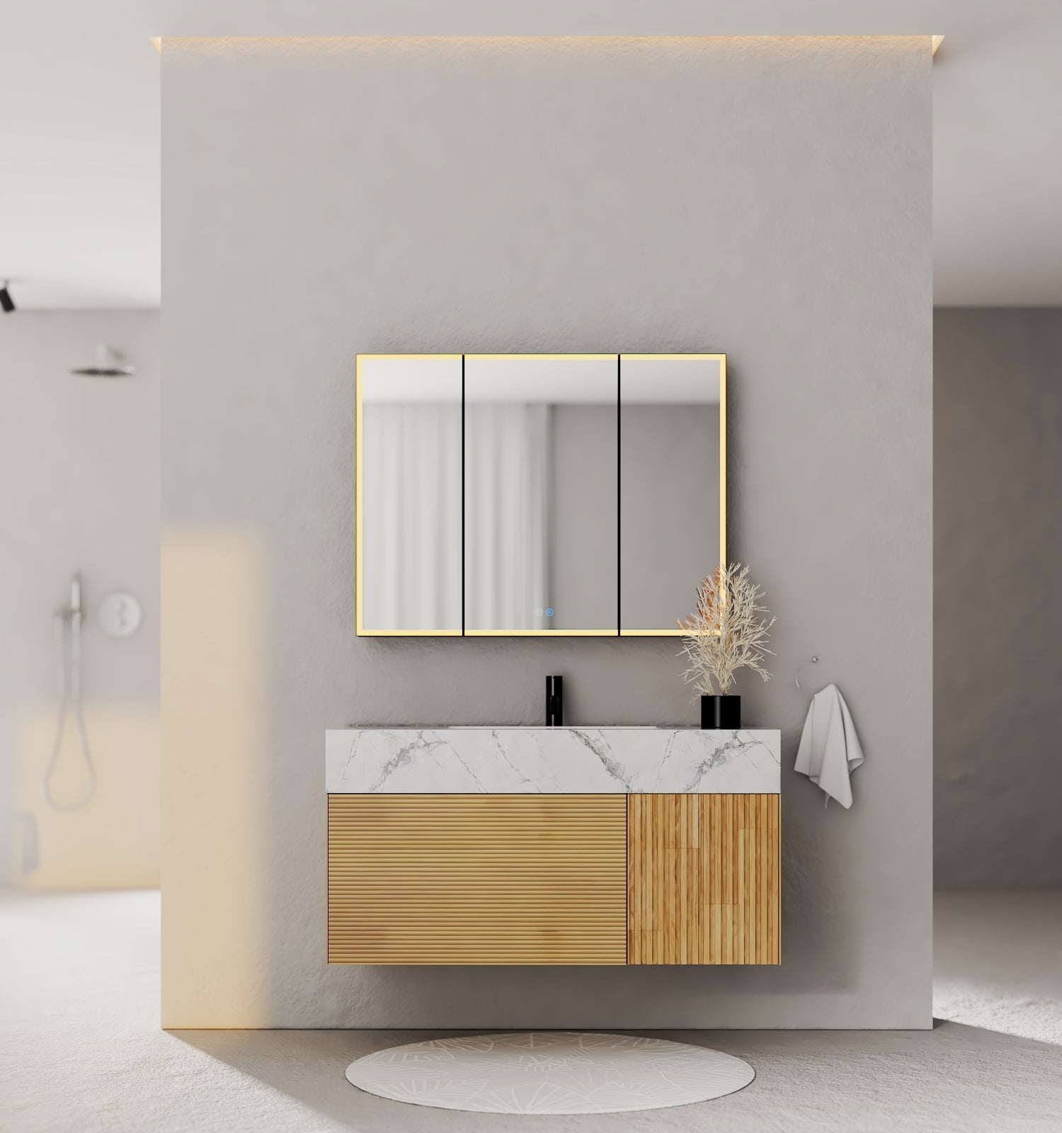 40''/48'' Stone Top with Oak Engineered Wood Floating Bathroom Vanity - Vanity48"x 21.5" NeoNova Decor