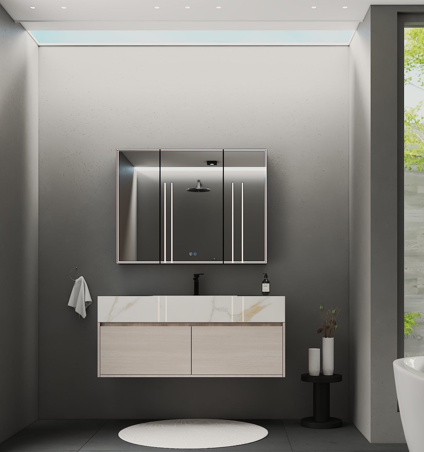 Modern double drawer wall-mounted vanity in marble finish