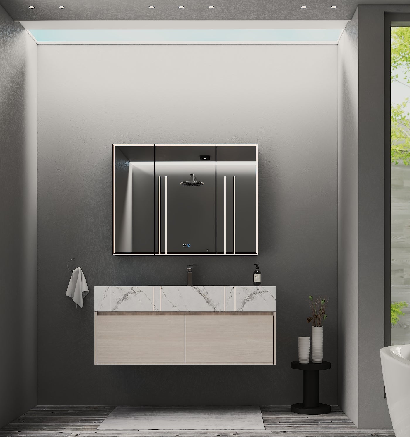 Wall-mounted 48 inch vanity in minimalist bathroom