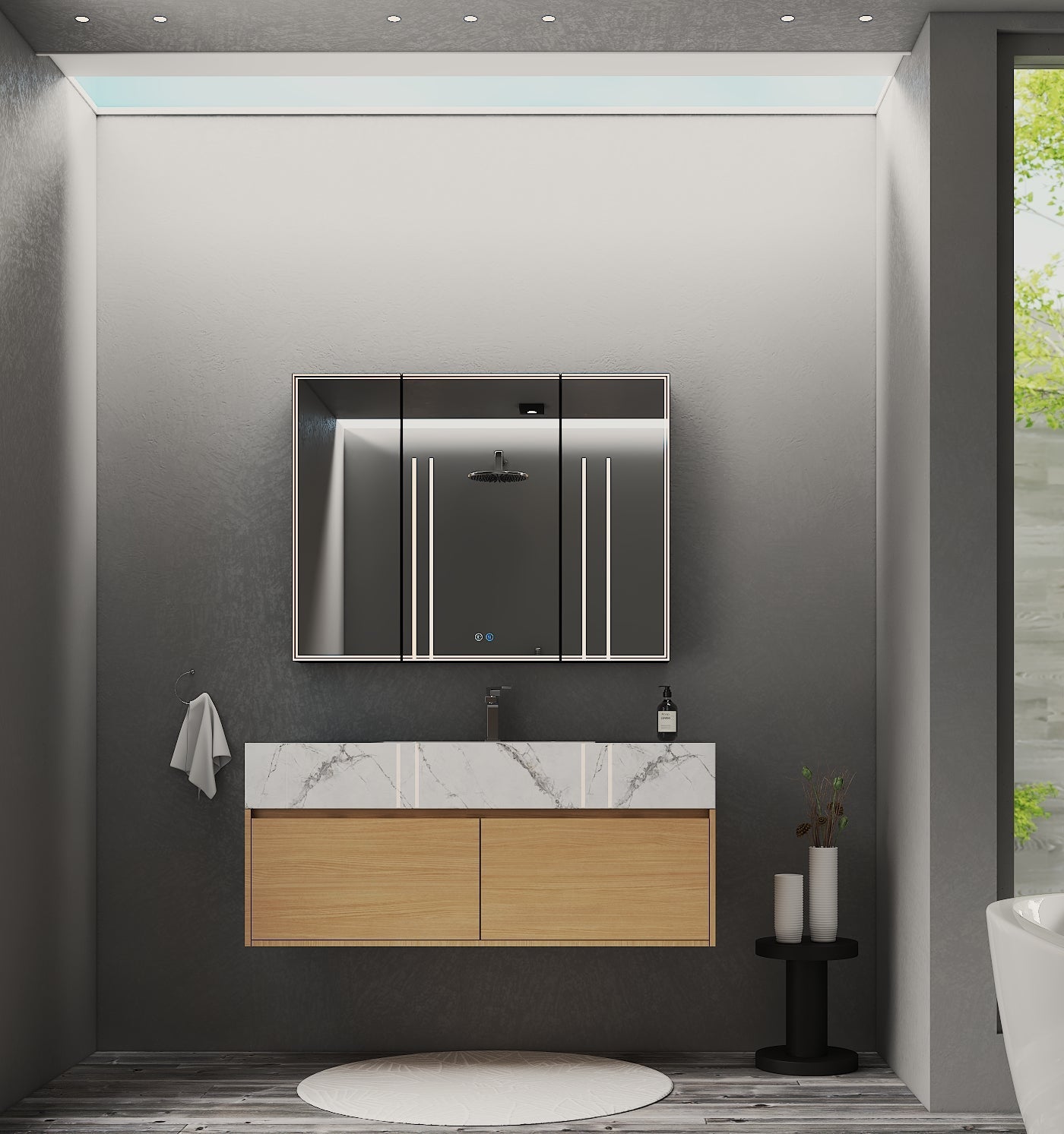 Close-up of soft-close drawer handle on 48 inch vanity