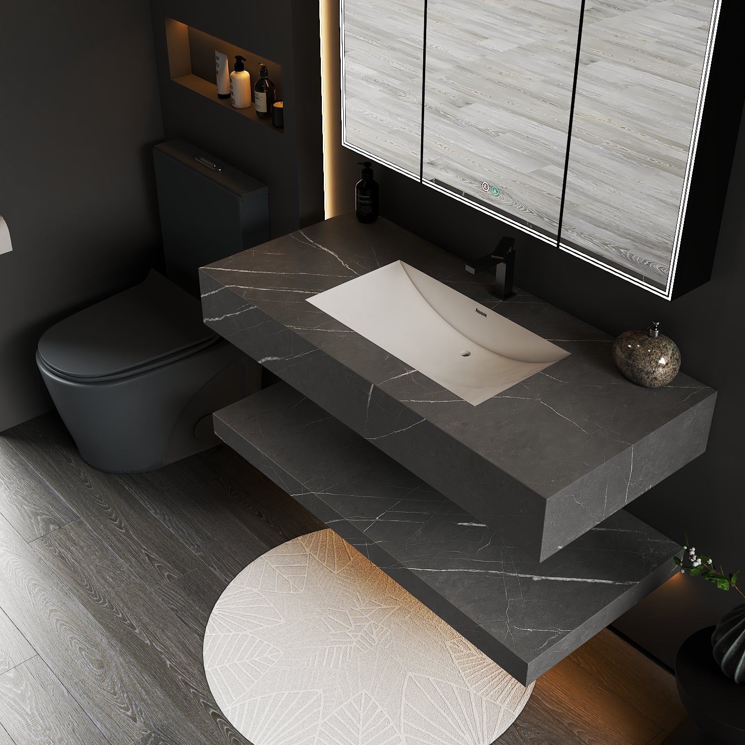 Armani Grey Floating Vanity Without Drawers – Seamless Marble-Look Stone, 40"/48"-A3