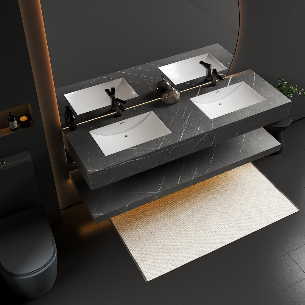 Seamless marble-look double sink vanity 71 inch, floating wall-mounted design in matte grey stone