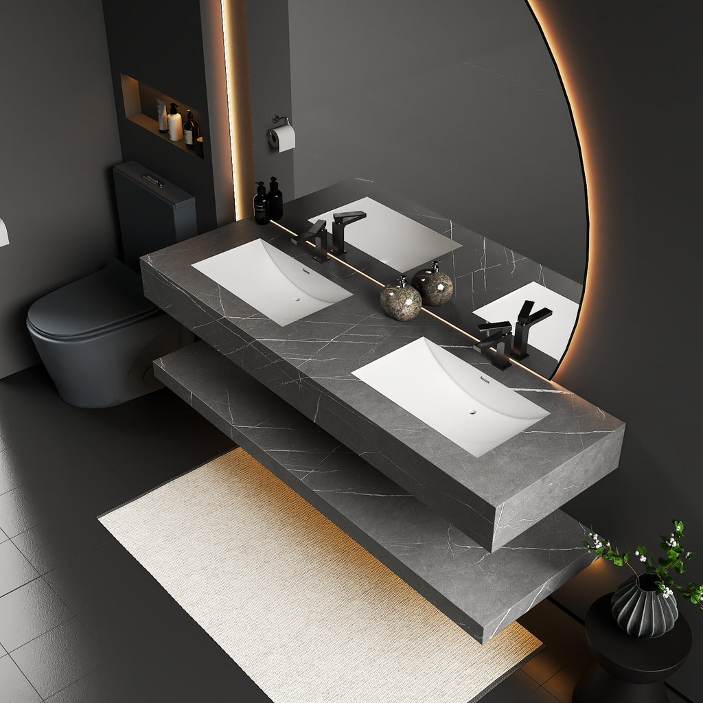 Contemporary bathroom vanity, 71 inch floating double sink with seamless Armani Grey stone