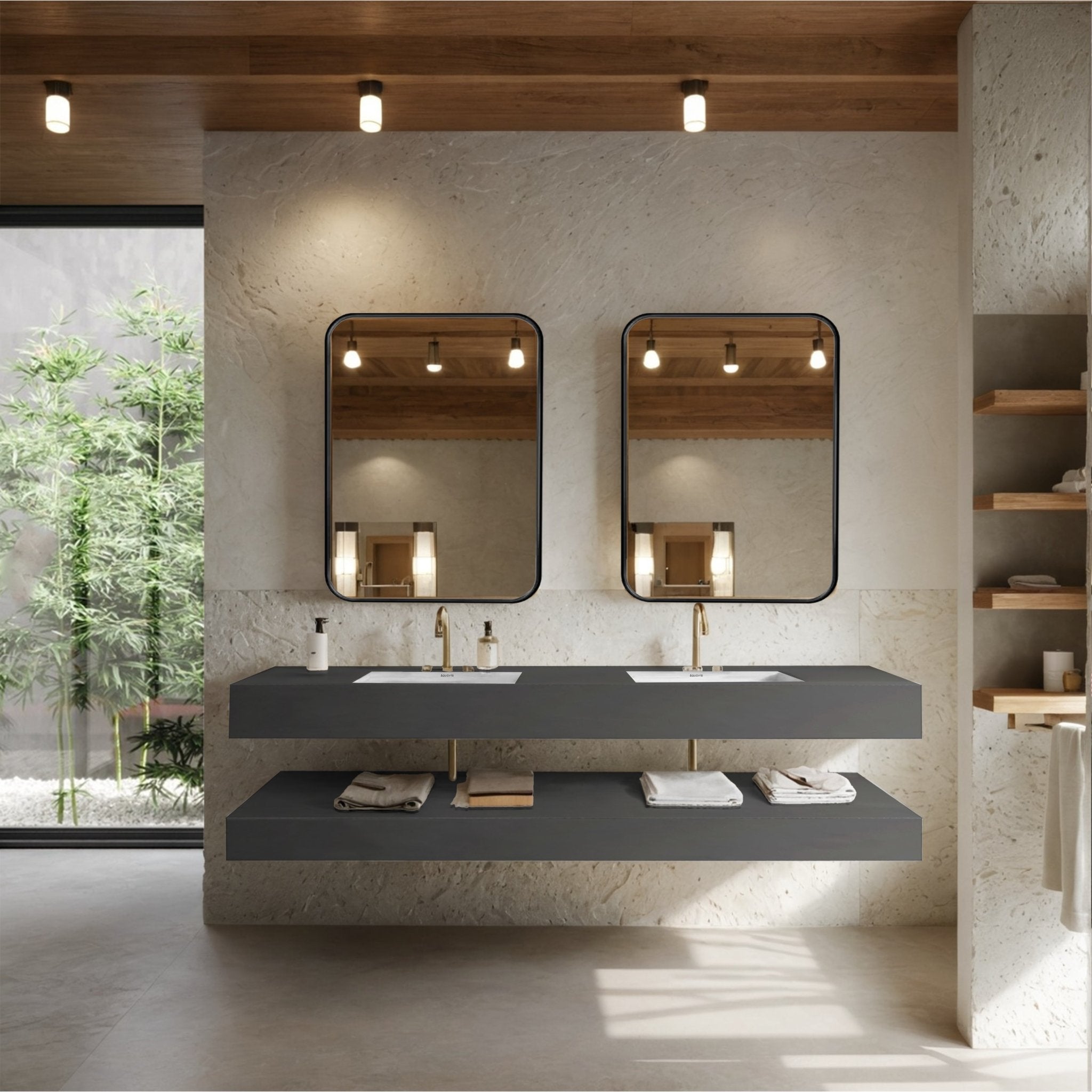 Minimalist floating bathroom vanity 71 inch, seamless dual sink sintered stone Armani Grey