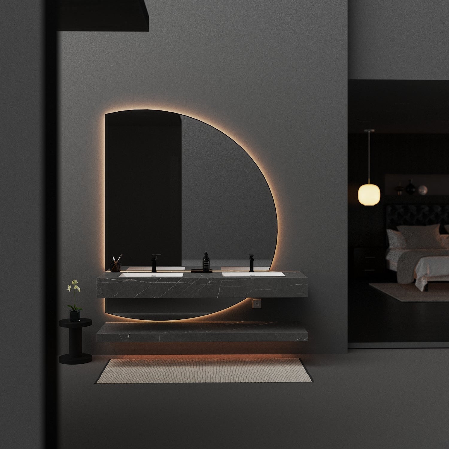 Minimalist floating bathroom vanity with dual sinks, 71 inch wide marble-look sintered stone