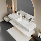 71 inch wall-mounted vanity with dual sinks, minimalist floating style and Calacatta Gold finish