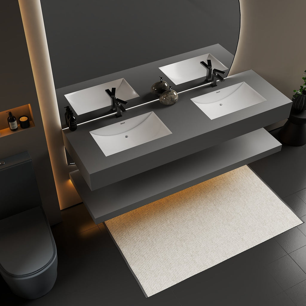 71 inch double sink vanity with seamless marble-look sintered stone, cabinet-free floating design