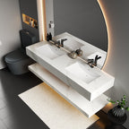 Hotel-inspired bathroom vanity, 71 inch wide wall-mounted double sink in White Carrara stone