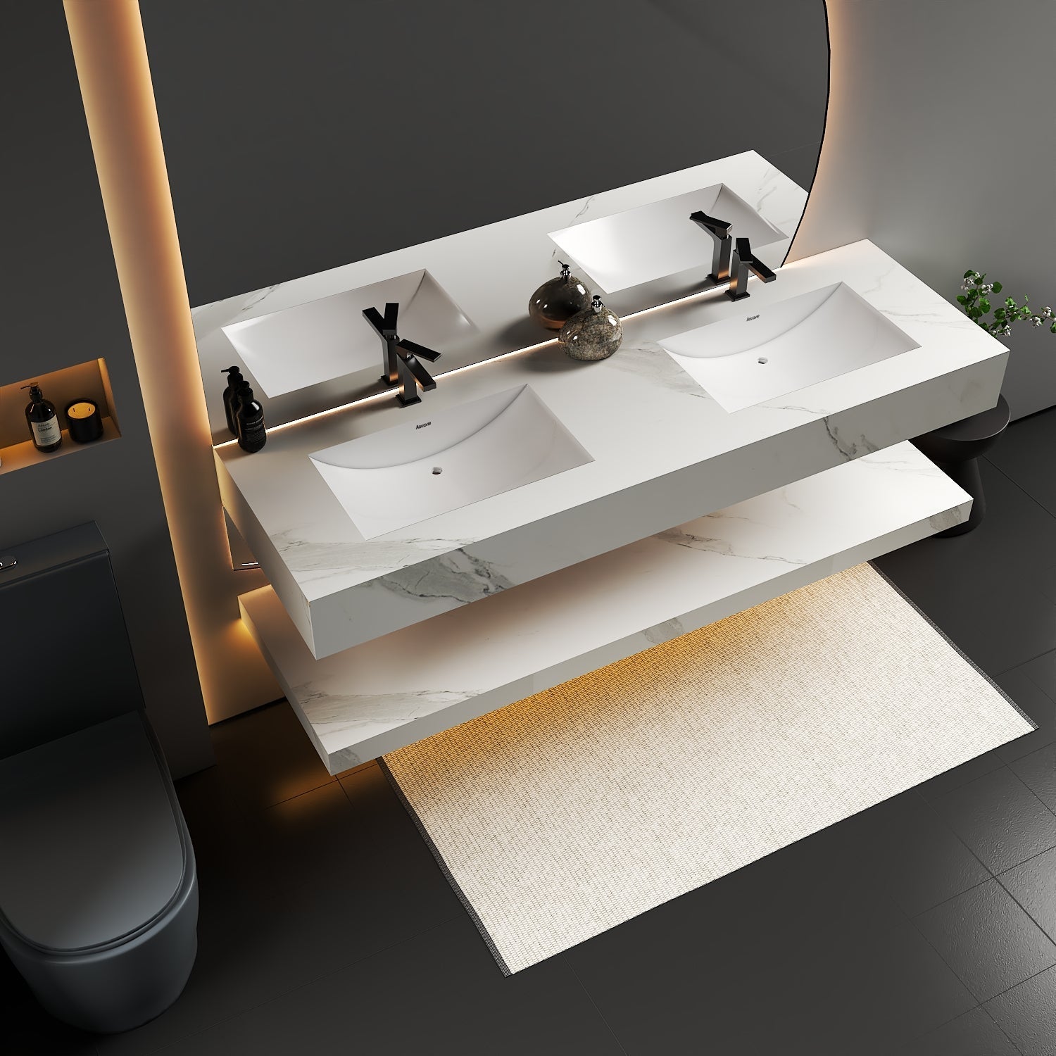 Luxury hotel-style 71 inch double sink vanity, floating design with White Carrara marble look