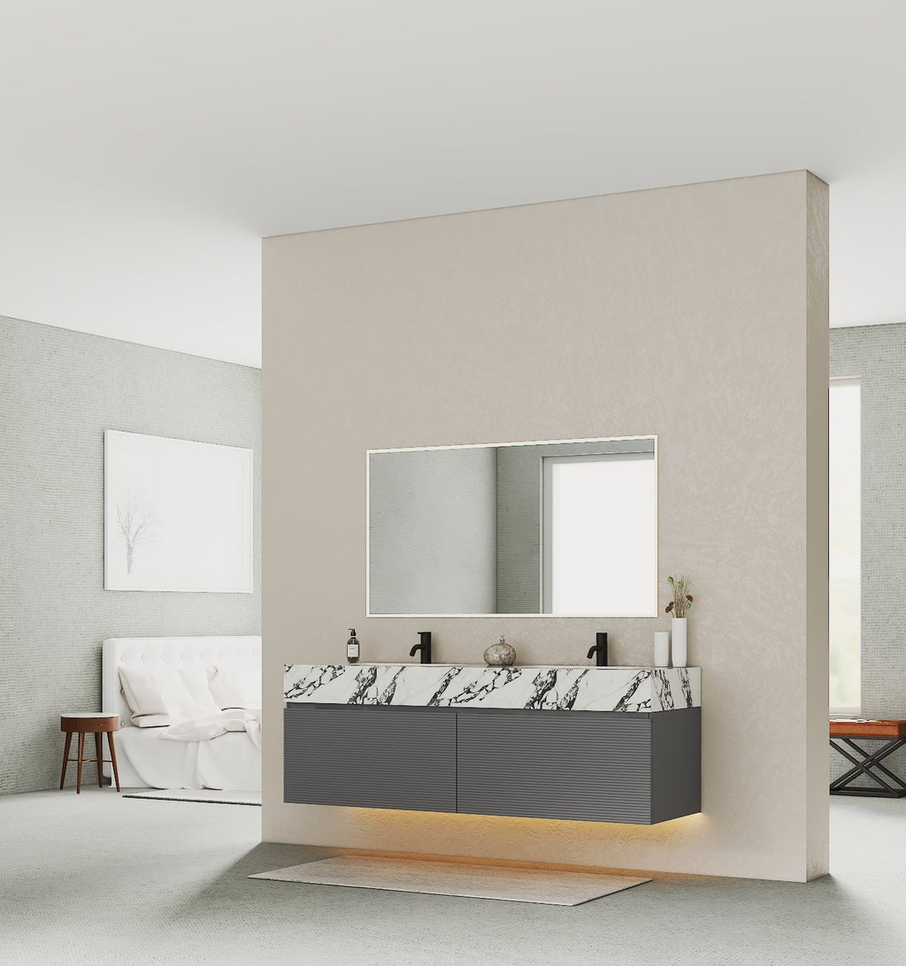 71'' Stone Top with Dark Gray Engineered Wood Floating Bathroom Vanity - Vanity71" x 22.5" NeoNova Decor