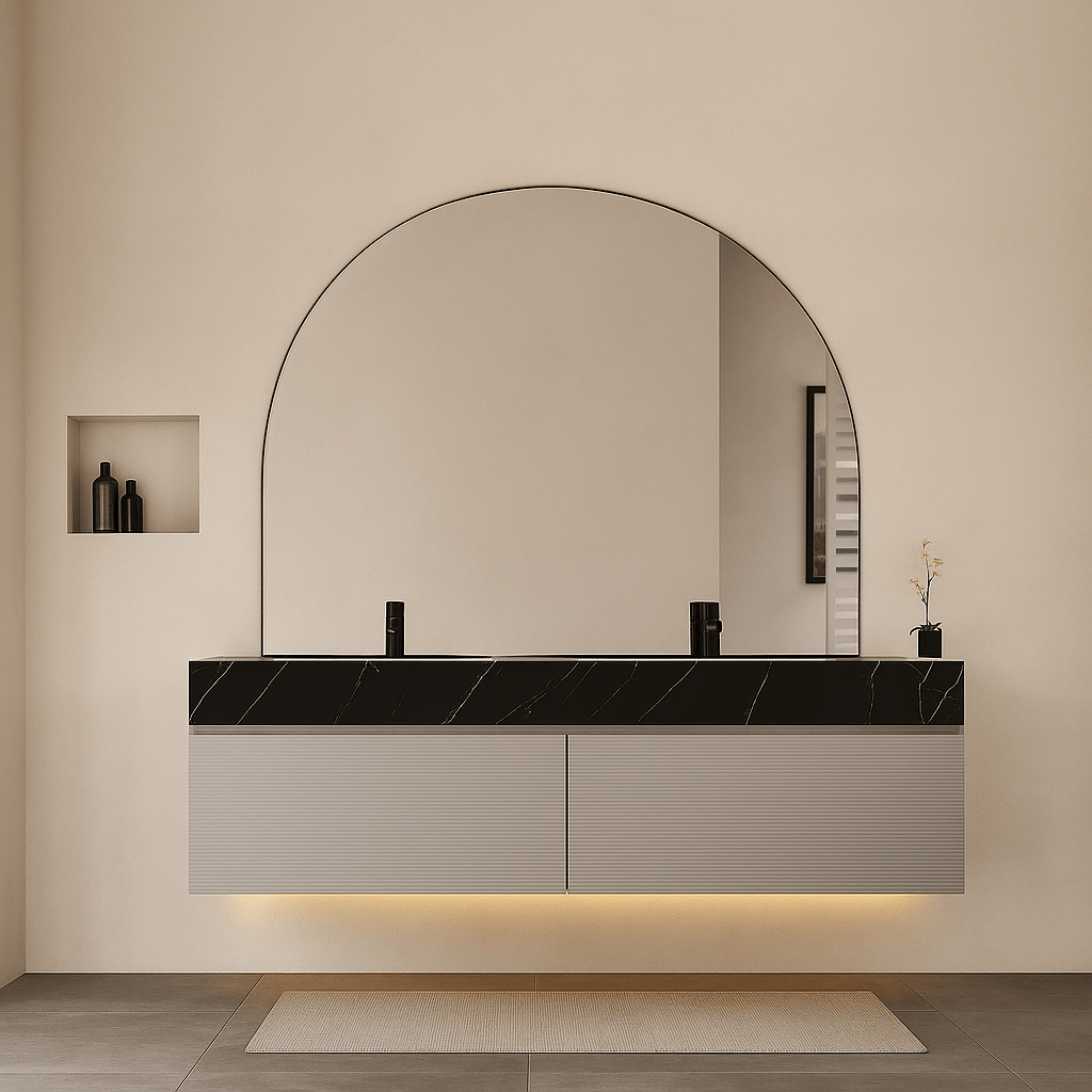 Floating fluted vanity with seamless stone double sink and Blum soft close hinges
