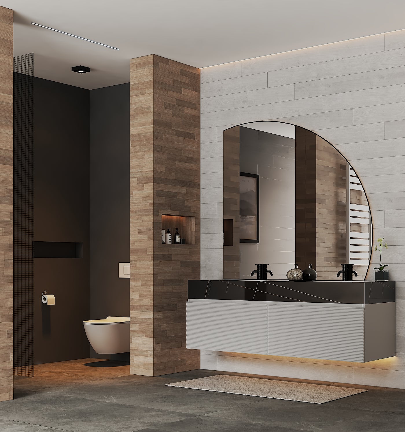 Close-up of fluted texture design on 71 inch double sink vanity with stone top