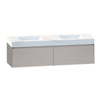 Light gray engineered wood 71 inch vanity with double sinks and soft close Blum hinges