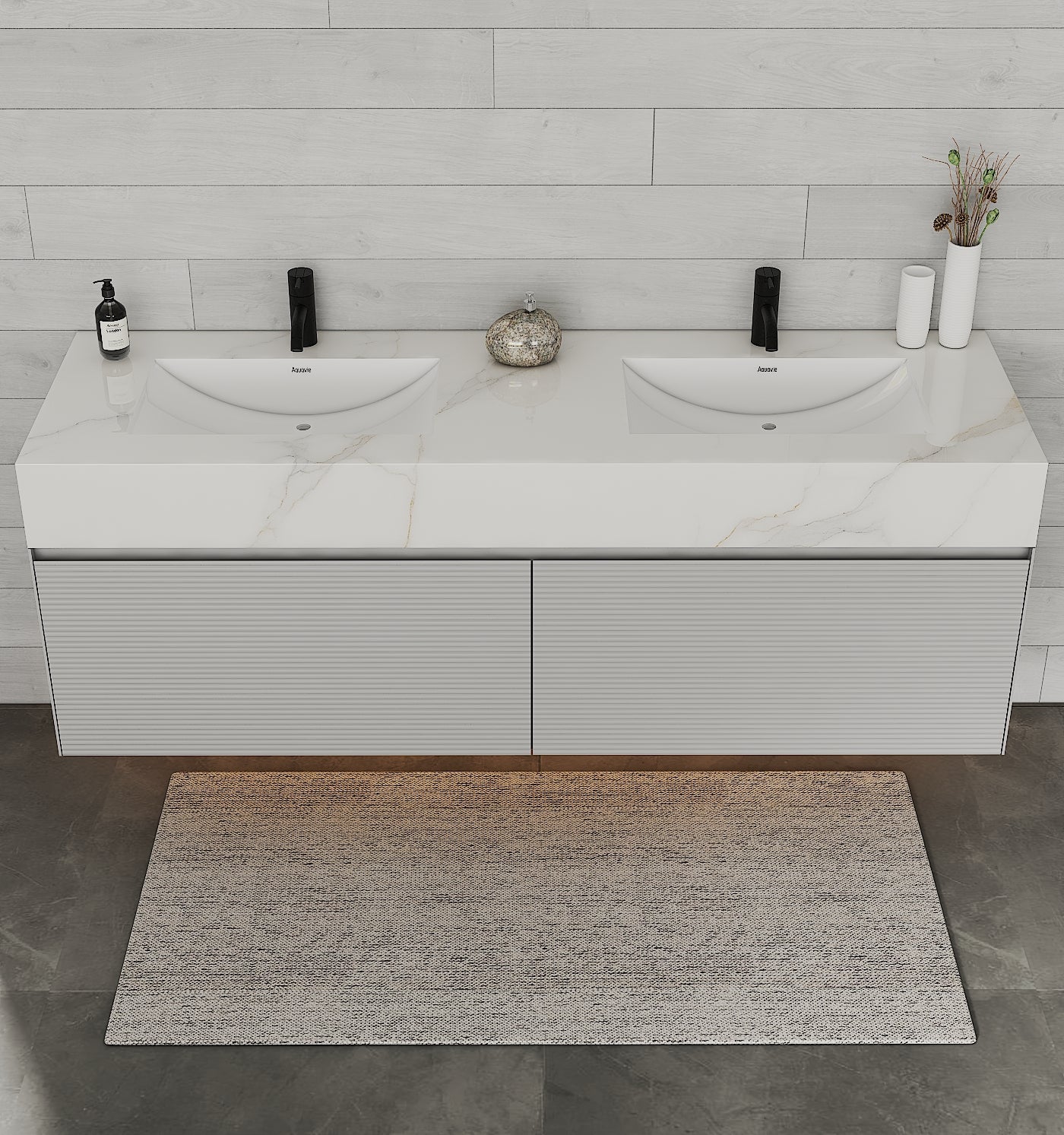 Modern 71 inch double sink bathroom vanity with seamless stone countertop and Blum hinges