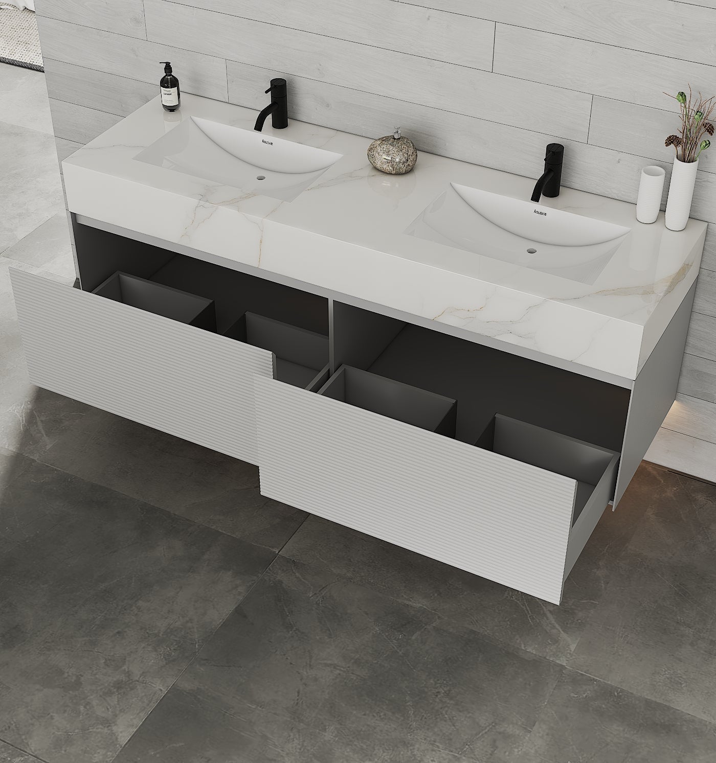 71'' Stone Top with Light Gray Engineered Wood Floating Bathroom Vanity - Vanity71" x 22.5" NeoNova Decor