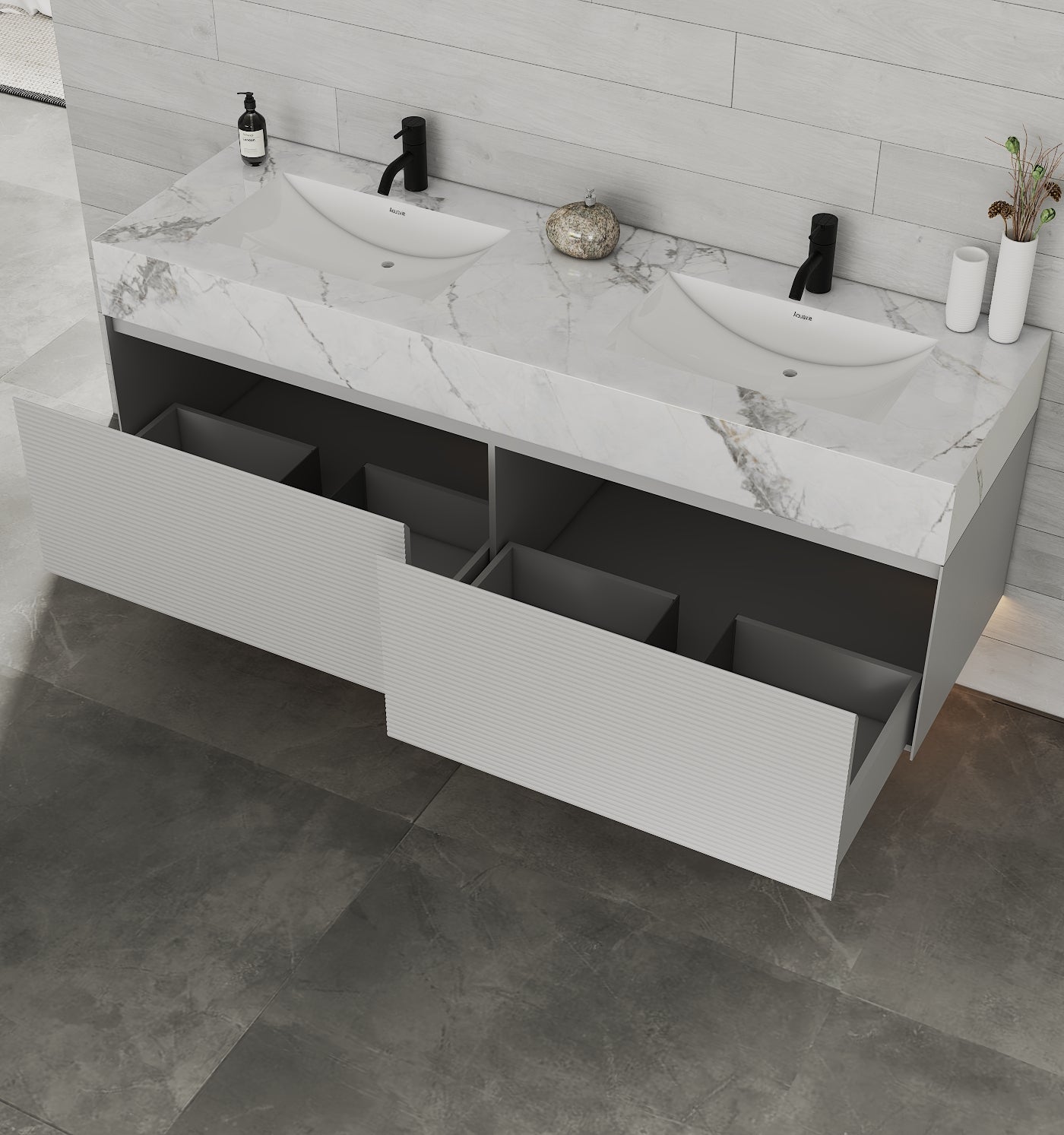 71'' Stone Top with Light Gray Engineered Wood Floating Bathroom Vanity - Vanity71" x 22.5" NeoNova Decor